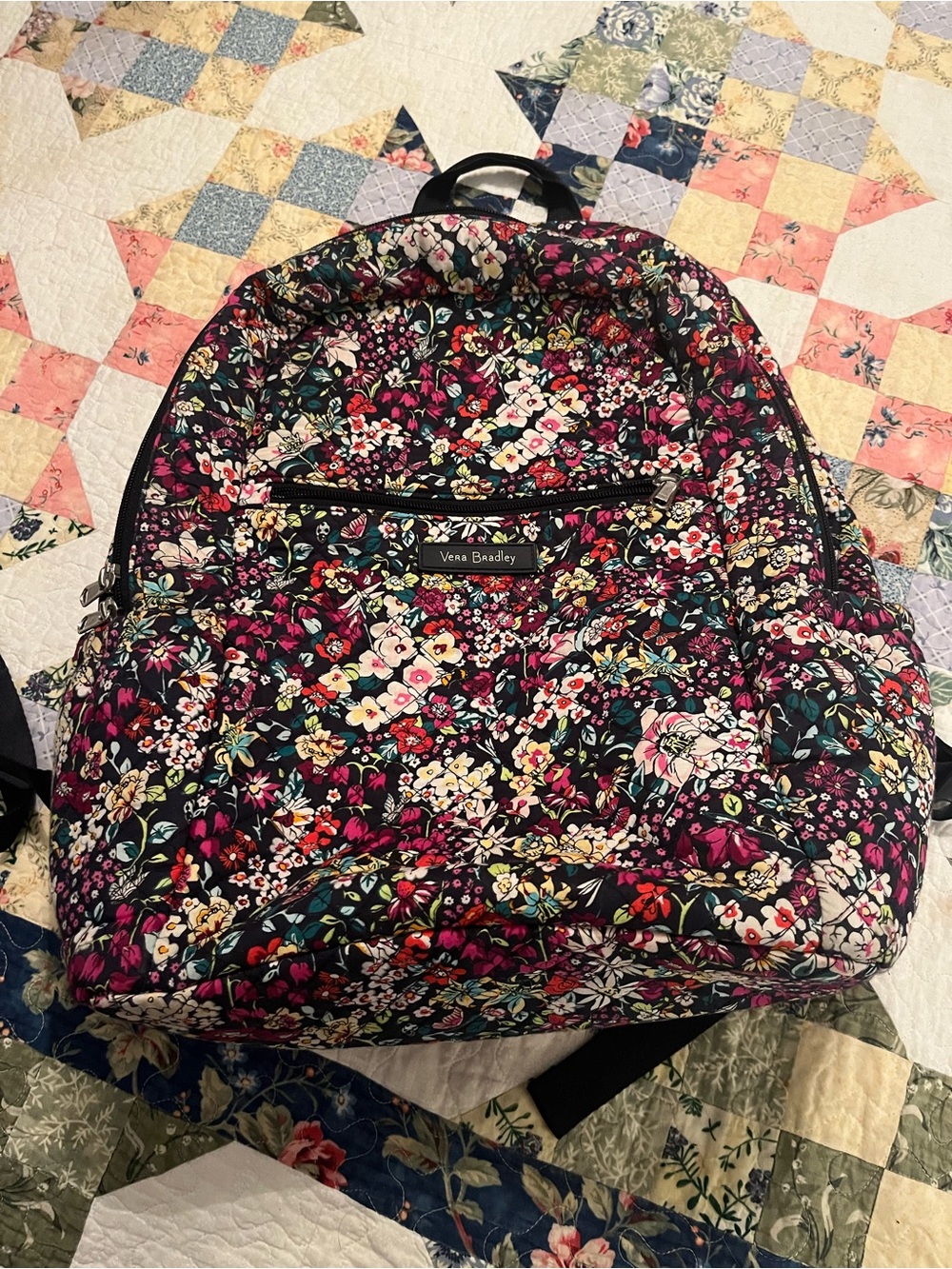 Vera Bradley Black Multi Floral Quilted Backpack